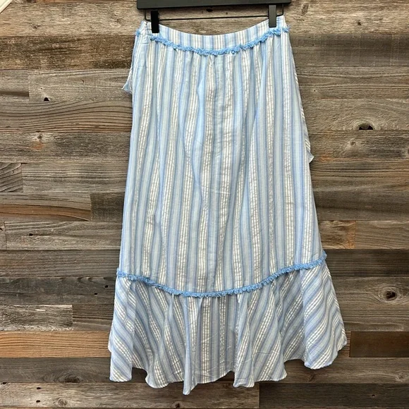 Moon River NWOT Light Blue Striped Ruffle Fringe High Low Maxi Skirt 100% cotton - Picture 5 of 12